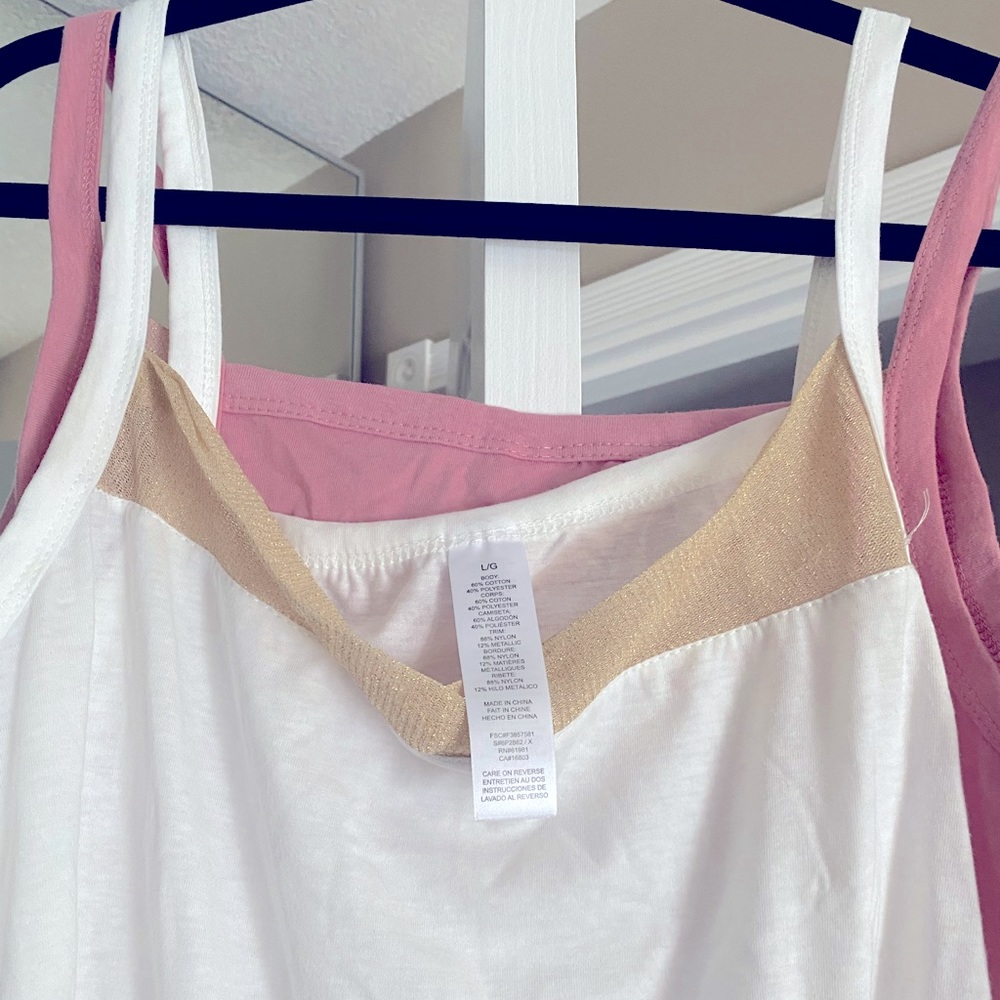 2/$15 New Gold Sparkle Mesh Trim V neck White & Pink Avon Tank Tops Get Set M L